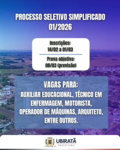 Estão abertas as inscrições para o Processo Seletivo Simplificado 01/2026